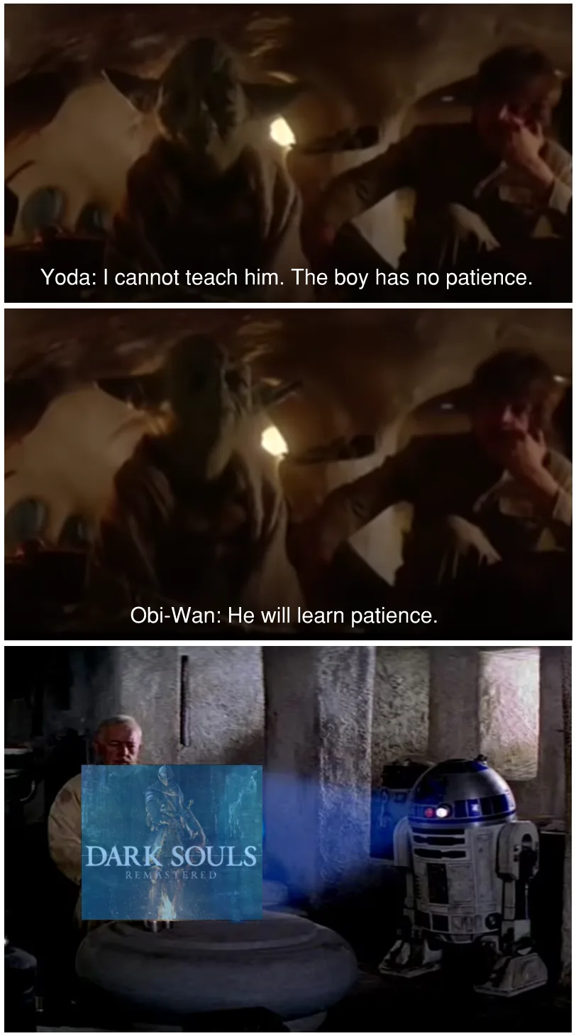 The meme features three panels. The top two show Yoda and Obi-Wan Kenobi from Star Wars, with Yoda saying 'I cannot teach…
