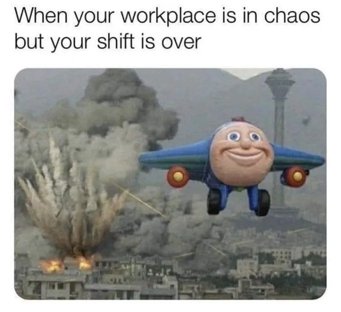 A cartoonish blue airplane with a smiling human face flies away from a cityscape engulfed in smoke and fire, with a tall…