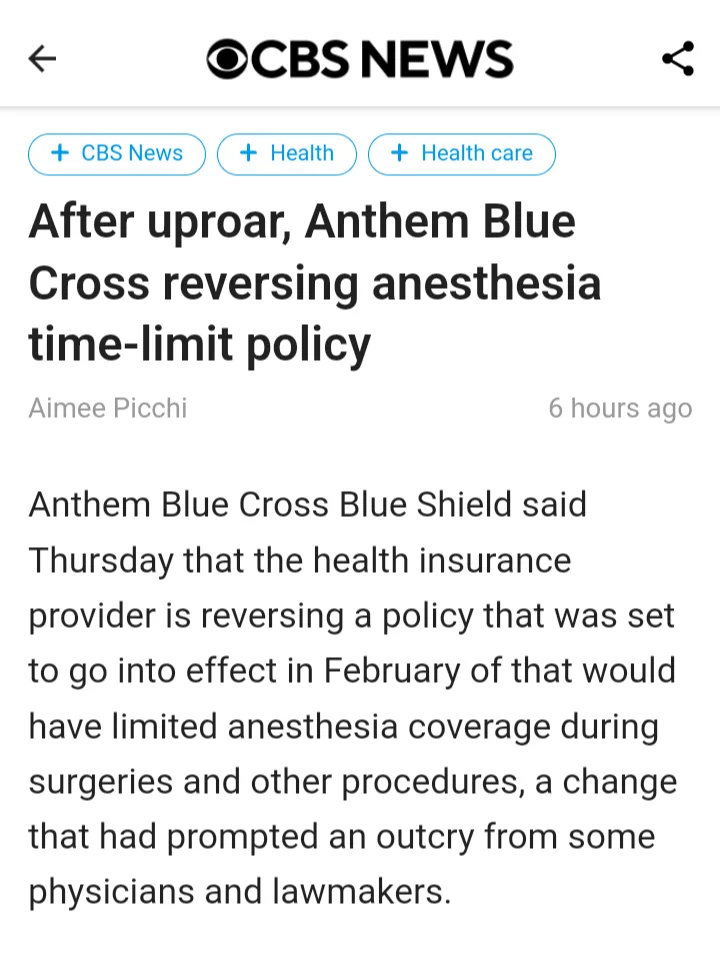 A screenshot of a CBS News article headline announcing that Anthem Blue Cross Blue Shield is reversing a policy that would…