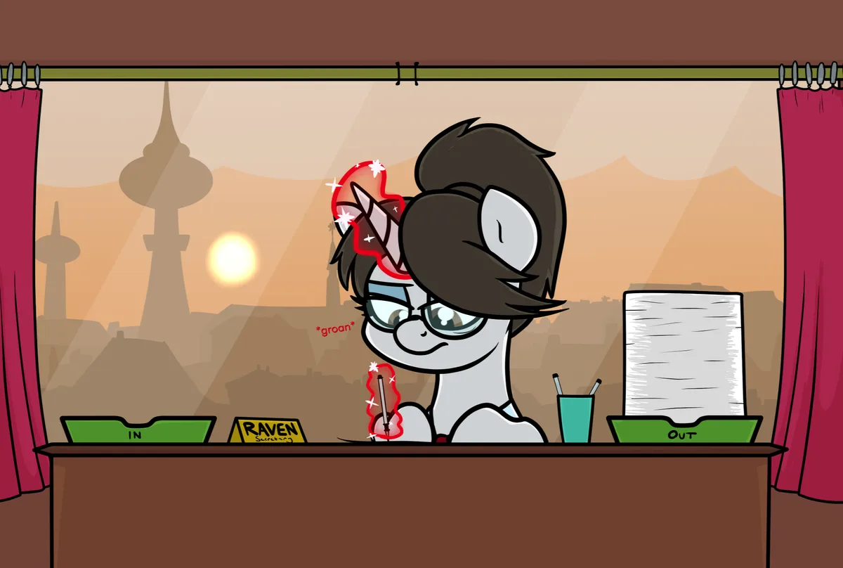 A cartoon pony with dark hair and glasses sits at a desk labeled 'RAVEN Secretary', looking annoyed while holding a pen…