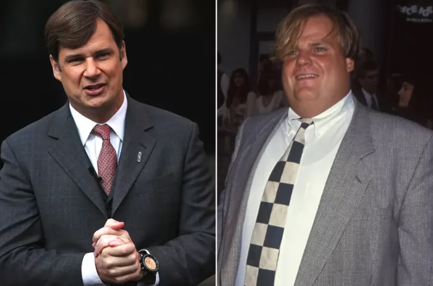 The image is a side-by-side split of two men in suits. On the left, a man with dark hair in a dark suit and red tie appears…
