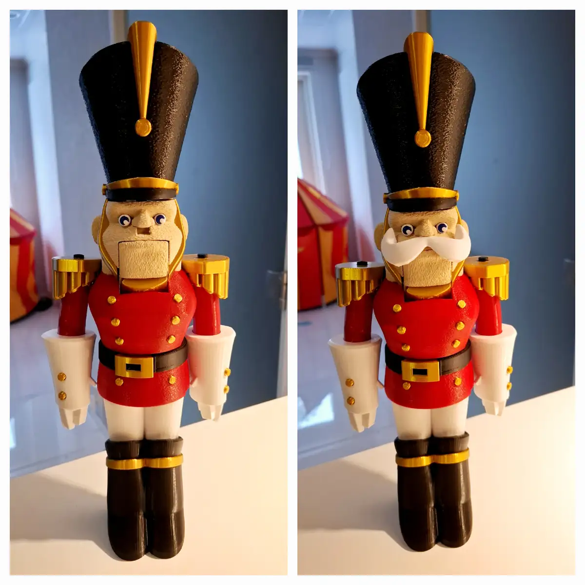 Two side-by-side photos show a 3D-printed nutcracker soldier. The left image shows the nutcracker without a mustache, while…