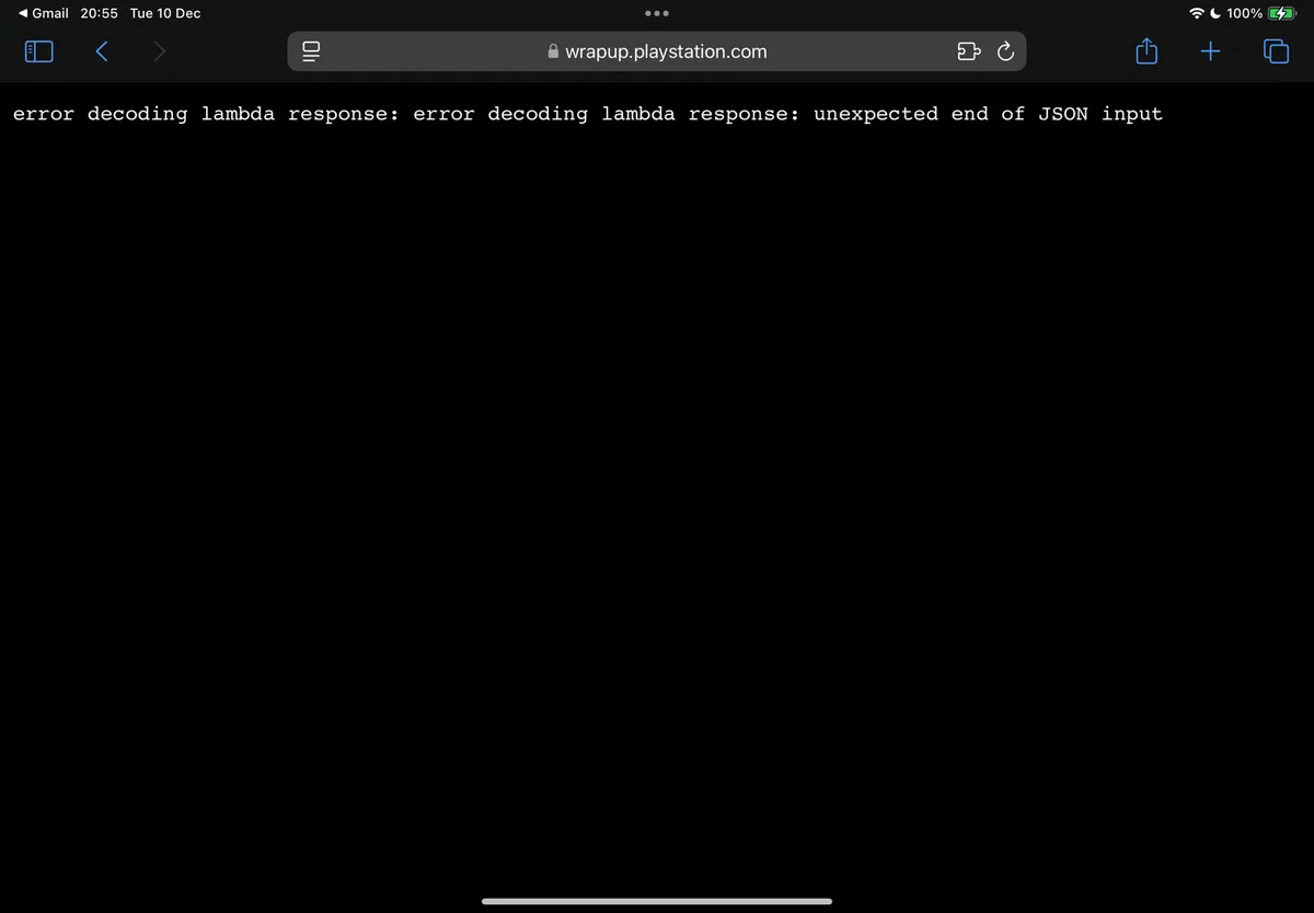 A screenshot of a mobile browser showing a black page with white text error message 'error decoding lambda response: error…