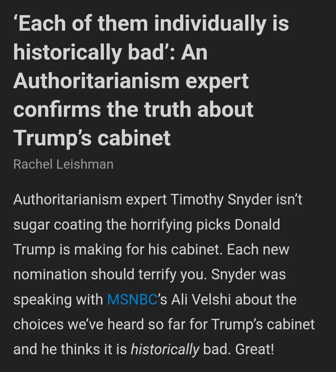 A screenshot of a news article with a dark background and white text. The headline reads 'Each of them individually is…