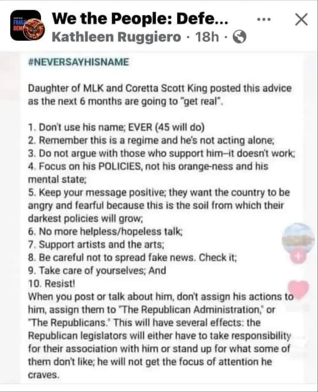 A screenshot of a Facebook post by Kathleen Ruggiero, showing a list of 10 points of advice attributed to the daughter of…