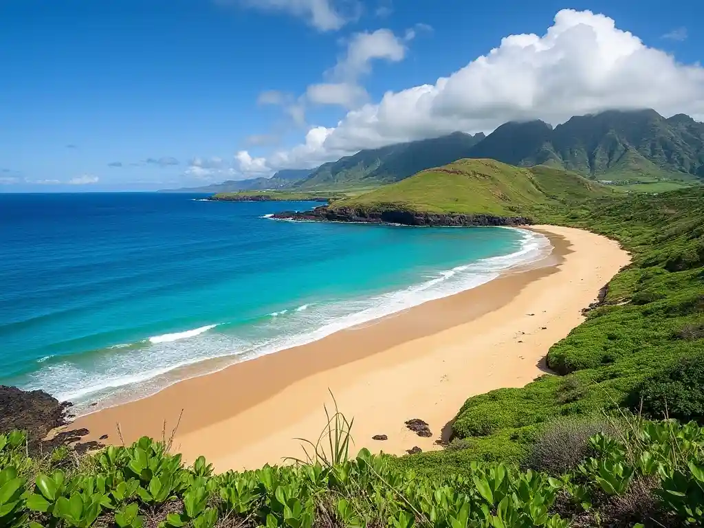 A stunning tropical beach scene with turquoise water, golden sand, and lush green hills under a blue sky with fluffy clouds…