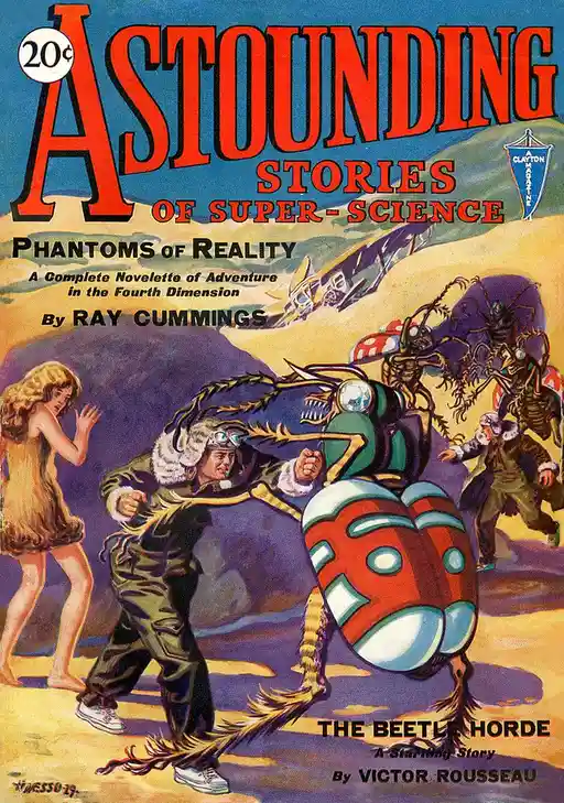 This vintage pulp magazine cover for 'Astounding Stories of Super-Science' depicts a dramatic scene: a man in a fur-lined…