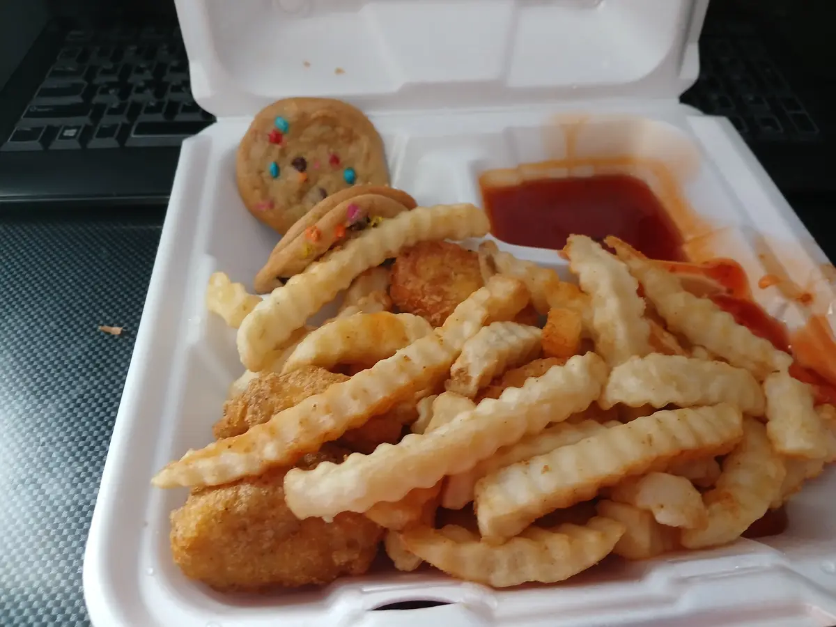 A white styrofoam takeout container holds crinkle-cut fries, fried chicken nuggets, and a single round cookie with colorful…
