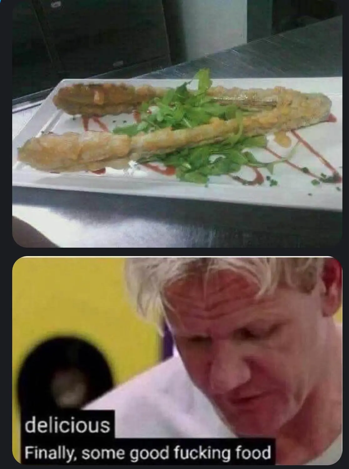 The top panel shows a plate of fried fish with green garnish and sauce drizzles. The bottom panel features a close-up of…