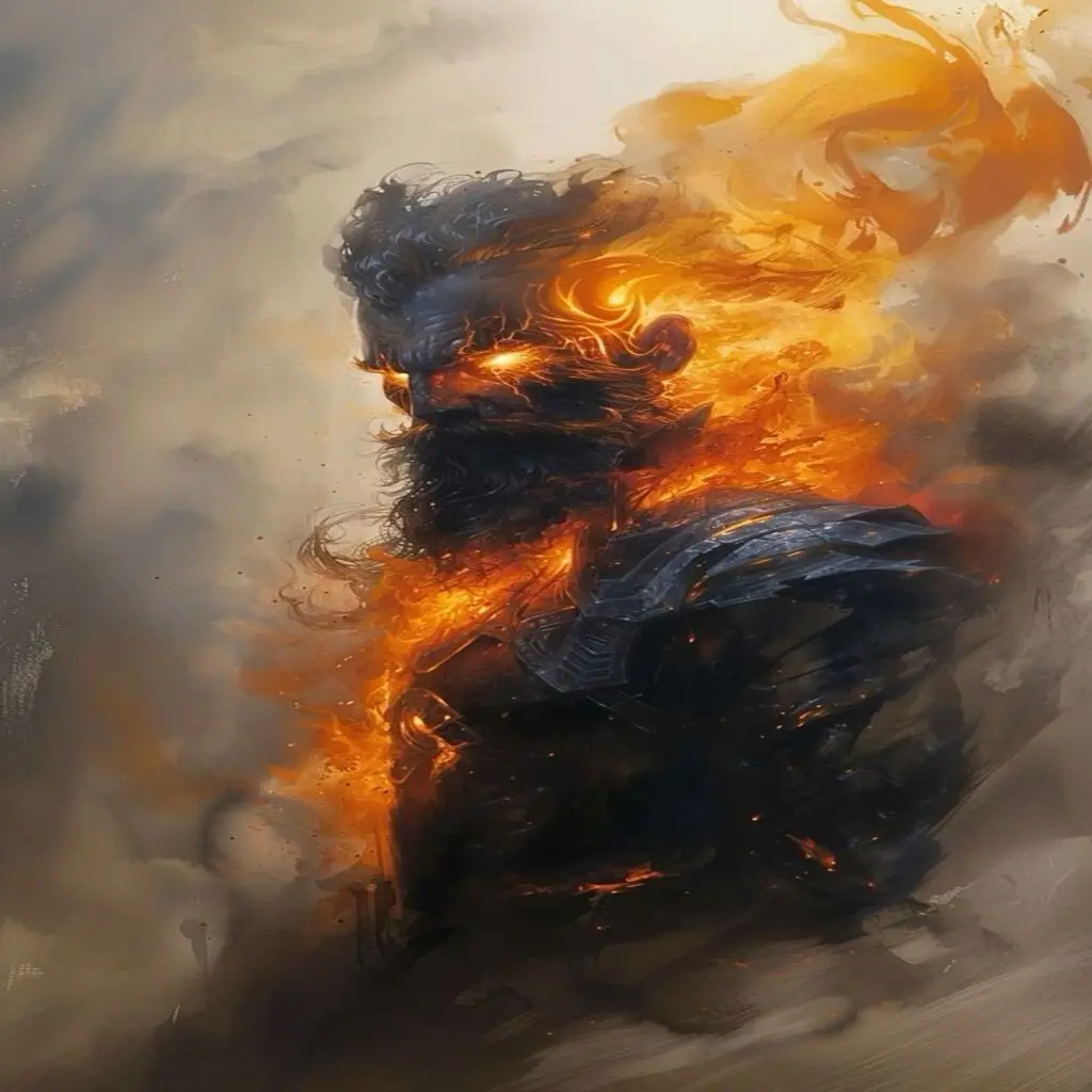 A dark, muscular, bearded man in armor is engulfed in flames, his eyes glowing with intense orange light, set against a…