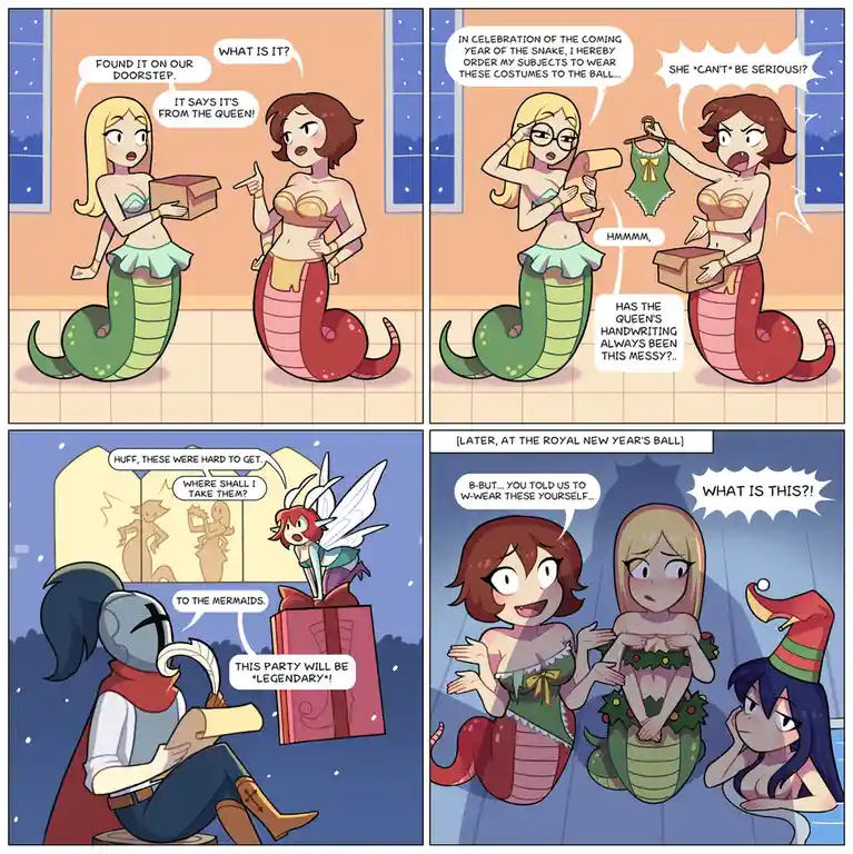 A four-panel comic strip featuring two mermaid-like characters with snake tails. One delivers a mysterious box from 'the…