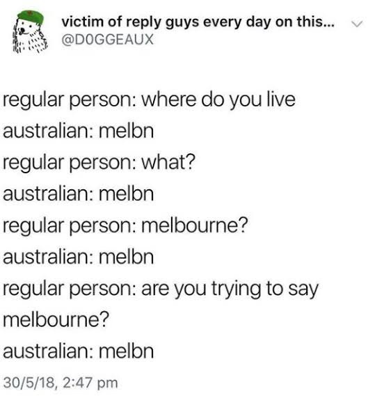 A screenshot of a Twitter thread by @DOGGEAUX showing a humorous exchange where a regular person asks an Australian where…