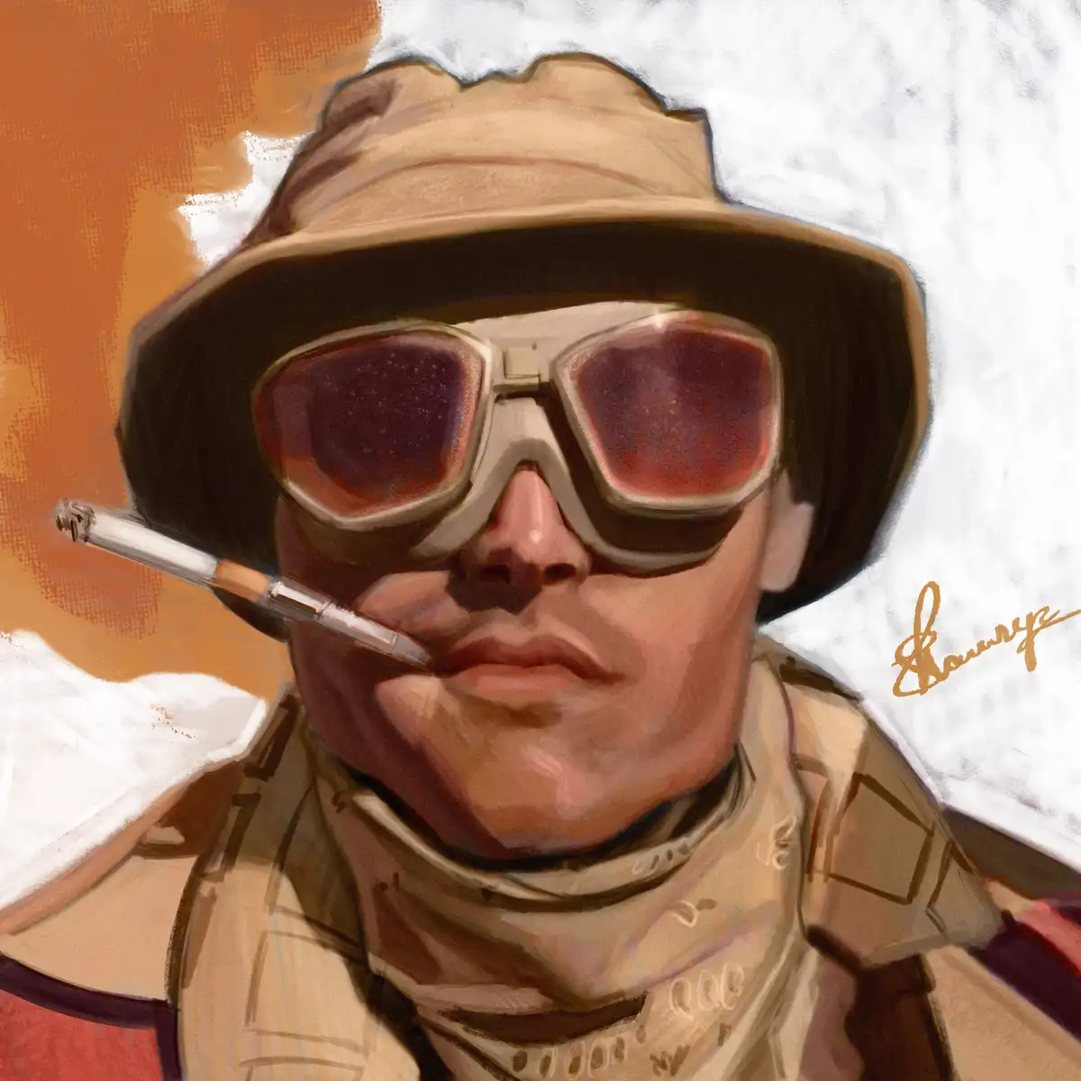 A digital painting depicts a man in desert attire, wearing a tan bucket hat, large red-tinted goggles, and a scarf, with a…