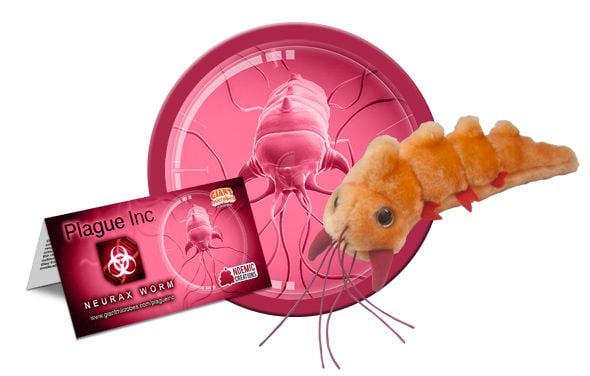 A plush toy worm with long whiskers and red feet is positioned next to a pink circular graphic showing a stylized worm and a…