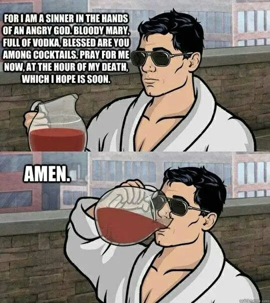 A two-panel comic featuring a man in a white robe and sunglasses holding a pitcher of red liquid in the top panel, with text…