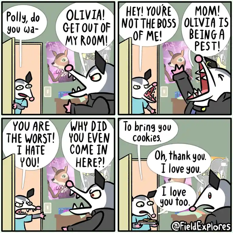 A four-panel comic strip featuring two cartoon opossums. A younger opossum (Polly) enters a room where an older opossum…