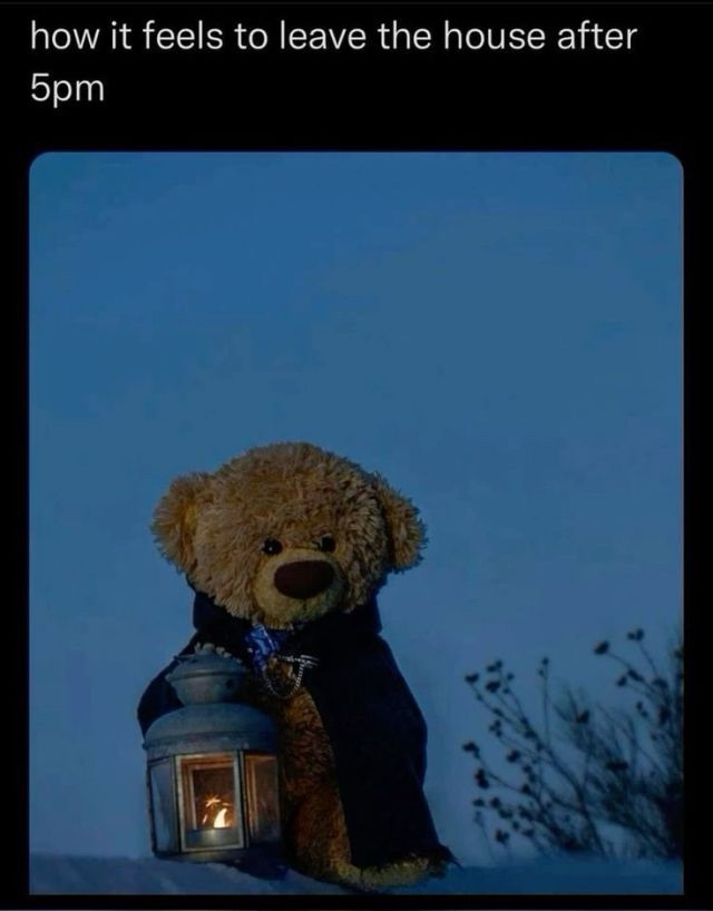 A teddy bear wearing a dark cloak sits in a snowy landscape under a dusky blue sky, holding a lit lantern. The overlaid text…