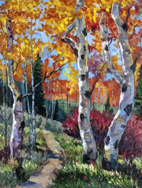 A vibrant oil painting depicts a winding dirt path through a forest of aspen trees with white bark and brilliant yellow…