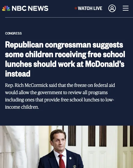 A screenshot of an NBC News article headline about a Republican congressman suggesting children on free school lunches…