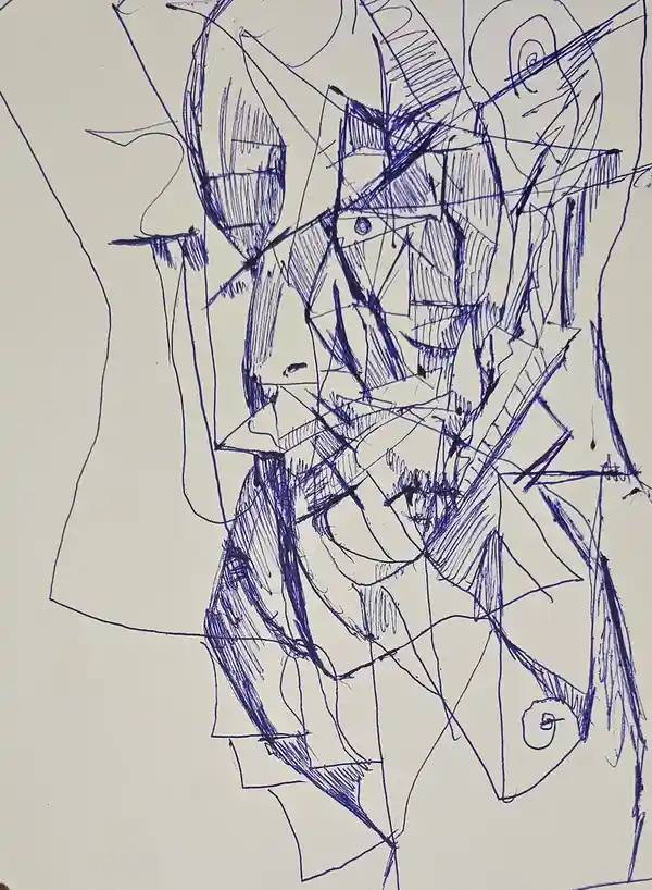 A chaotic, abstract blue ink drawing on light-colored paper depicts a distorted, fragmented human-like figure with…