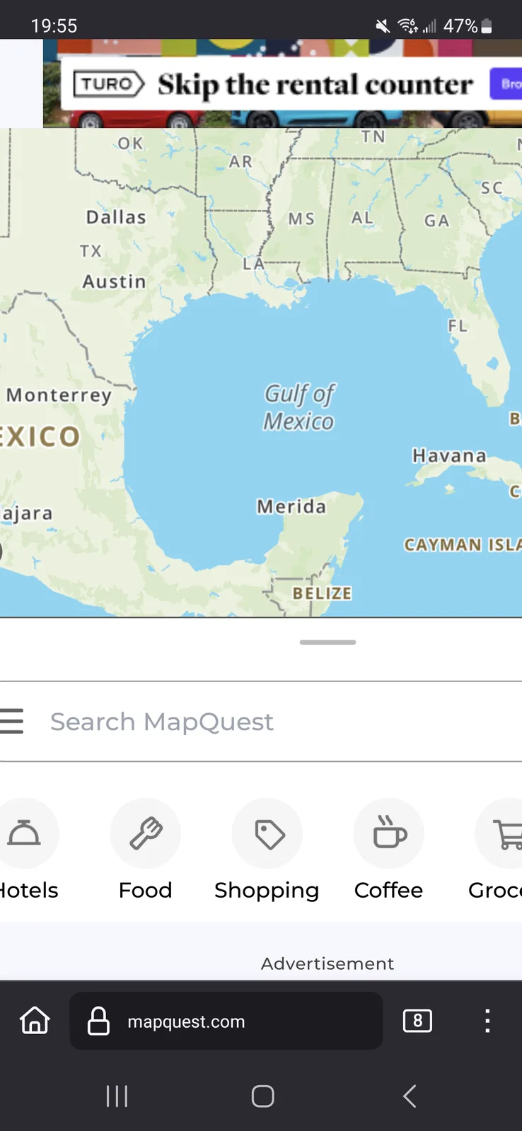 A screenshot of the MapQuest mobile app showing a map centered on the Gulf of Mexico with cities like Austin, Dallas, and…