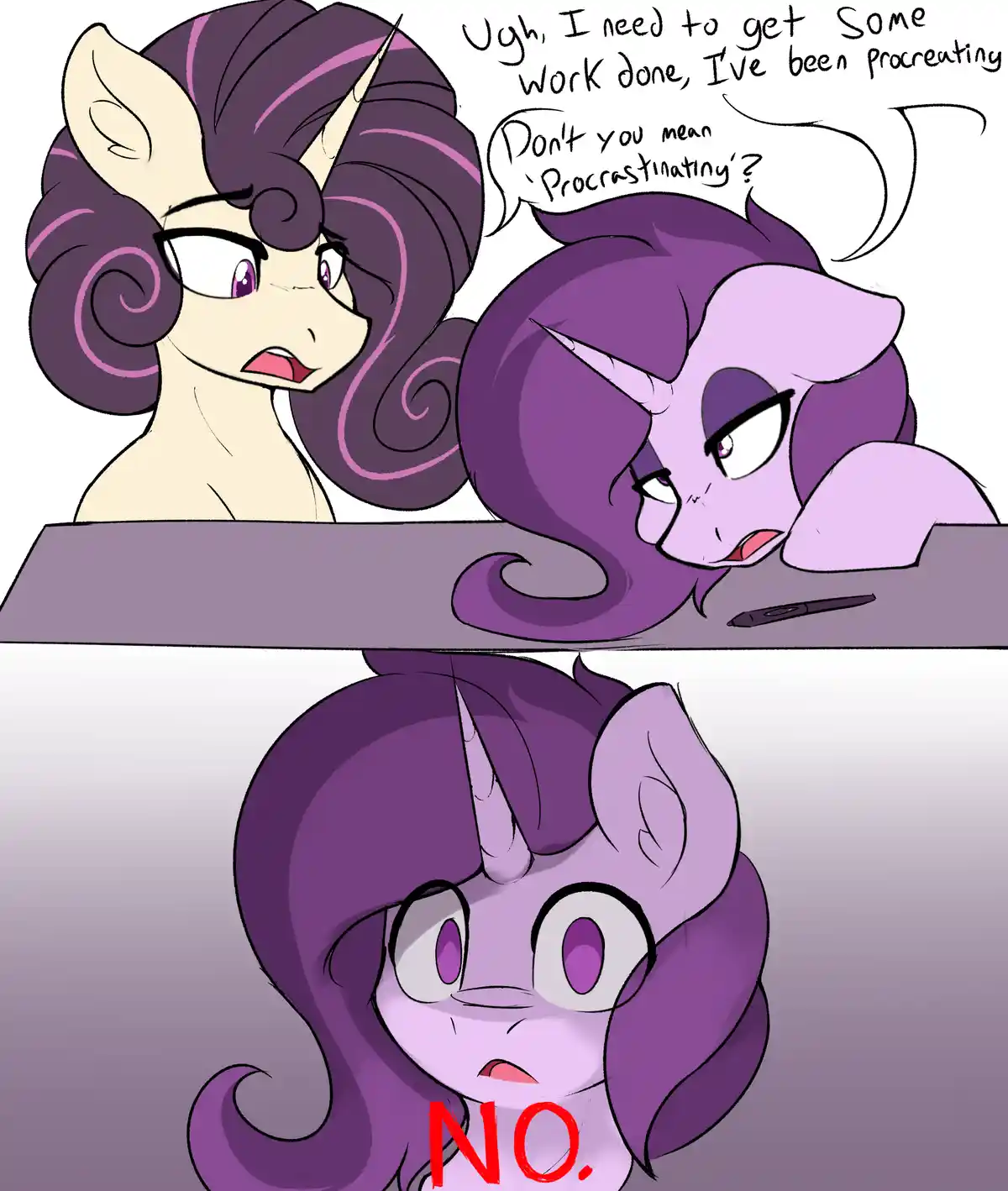 Two pony characters are shown in a comic panel. The top panel shows a light-colored pony with purple hair and glasses…
