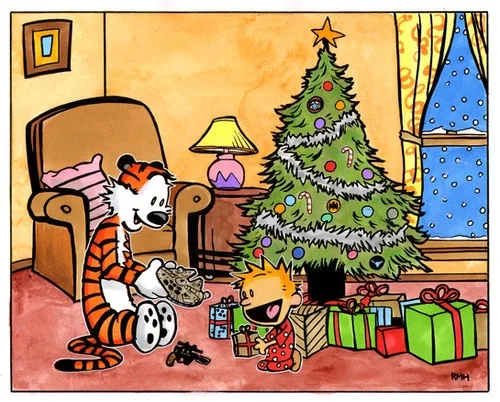 A cartoon depicts a young boy, Calvin, in pajamas, excitedly standing before a decorated Christmas tree with presents, while…