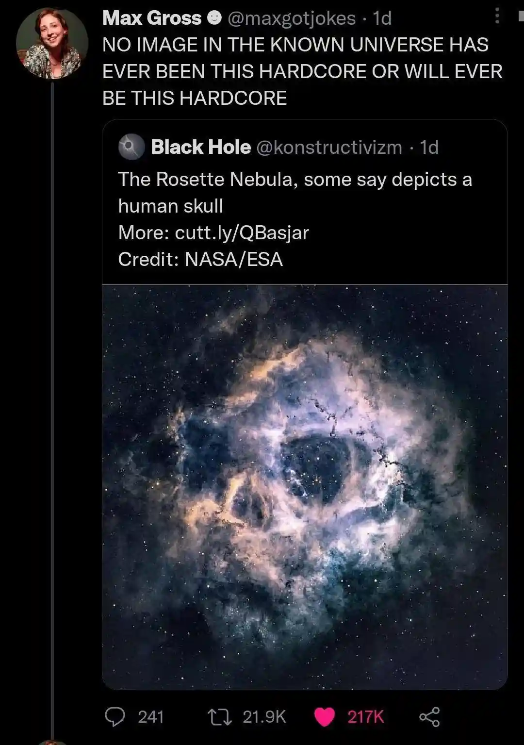 A screenshot of a Twitter thread shows a space image of the Rosette Nebula, which visually resembles a human skull. The top…