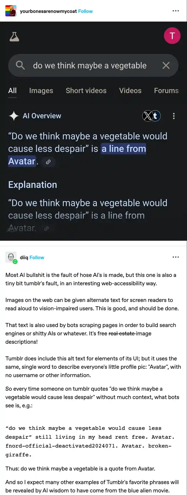 A screenshot of a Tumblr post showing a search result for 'do we think maybe a vegetable' which an AI tool incorrectly…