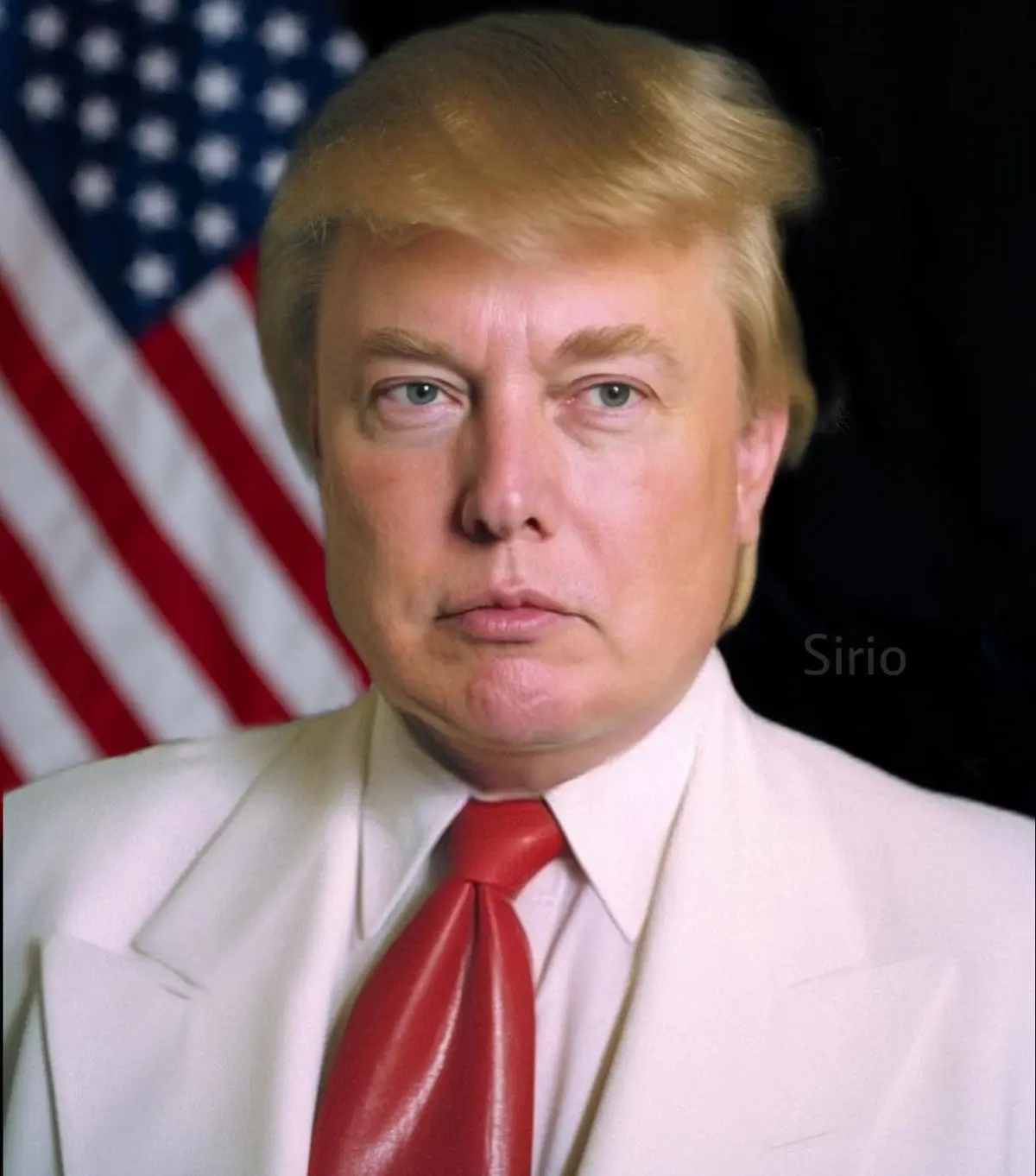 A formal portrait of Donald Trump wearing a white suit and red tie, standing in front of an American flag. The image has the…