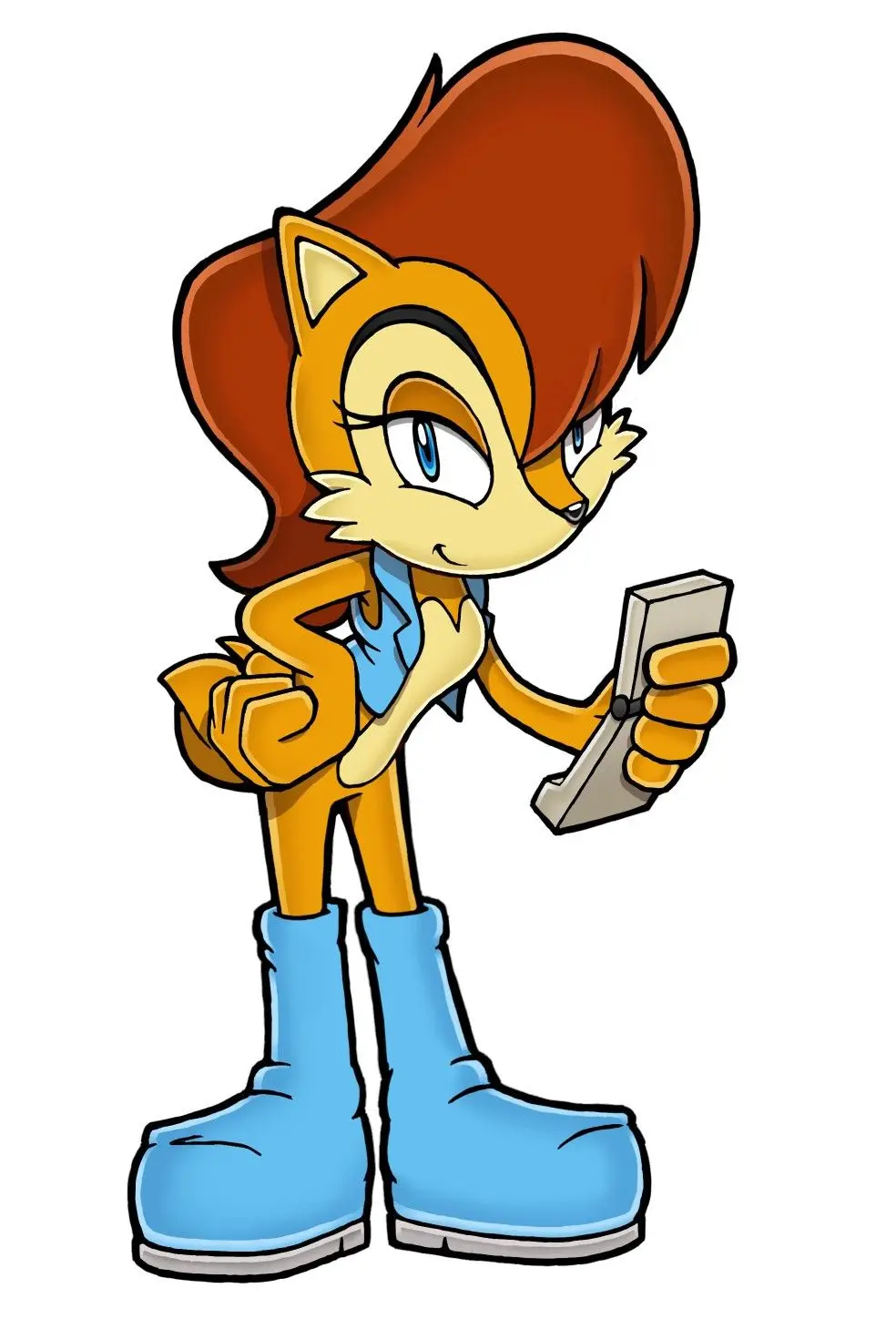 a cartoon female fox character with orange fur, blue eyes, and brown hair, wearing blue boots and a blue shirt, stands…