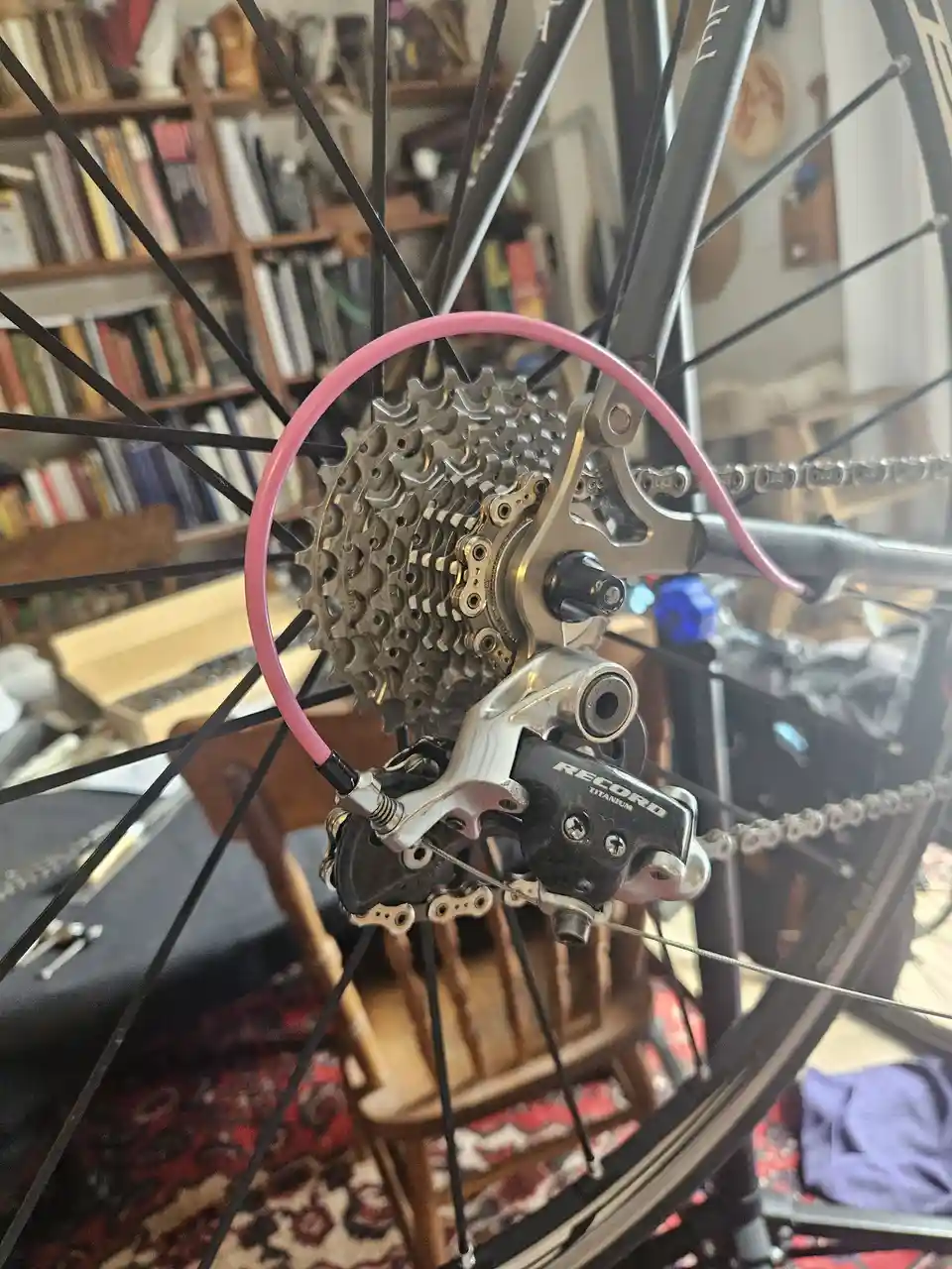 A close-up photo of a bicycle's rear wheel, showing a silver cassette, derailleur, and chain, with a bright pink hose looped…