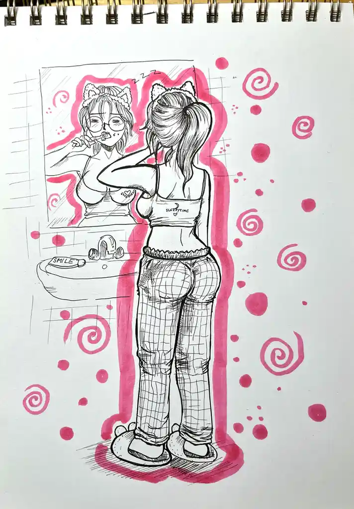 A hand-drawn sketch shows a person in pajamas and cat ears brushing their teeth in front of a mirror, with pink swirls and…