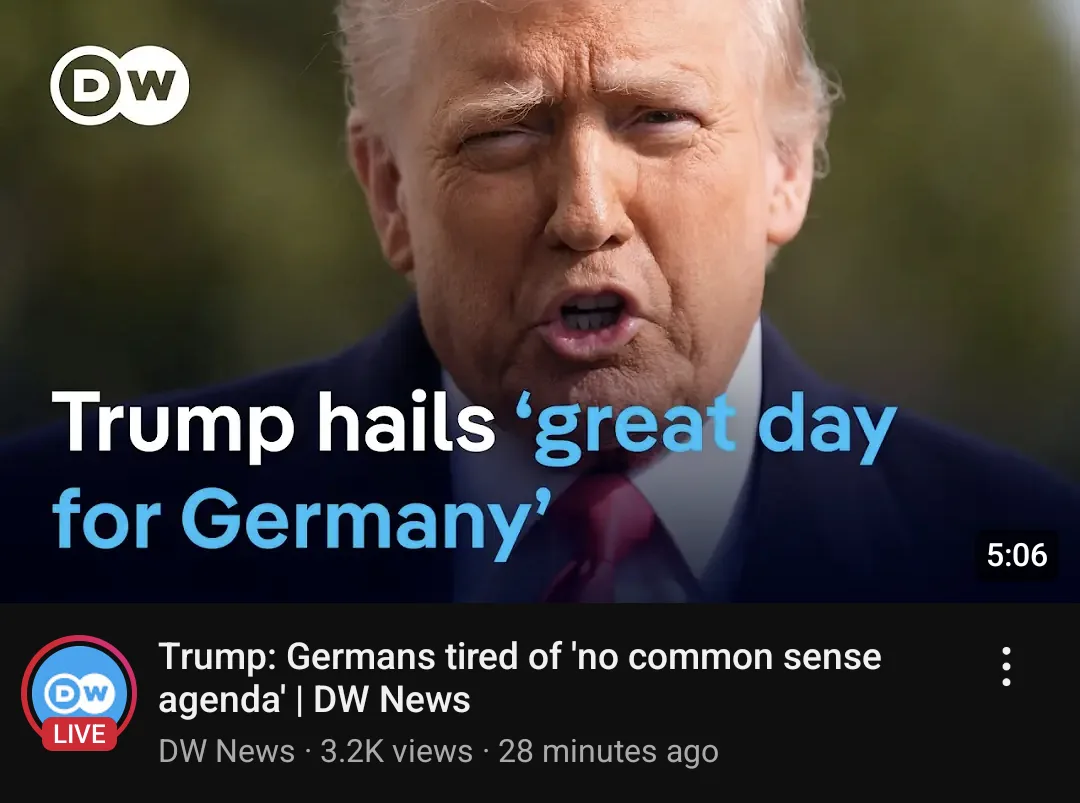 A screenshot of a DW News YouTube video thumbnail showing Donald Trump speaking with a furrowed brow and open mouth. The…