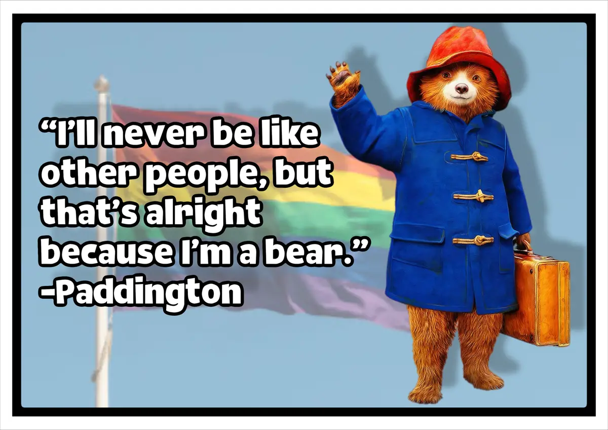 An image of the animated bear Paddington wearing his signature blue coat and red hat, holding a suitcase and waving, with a…
