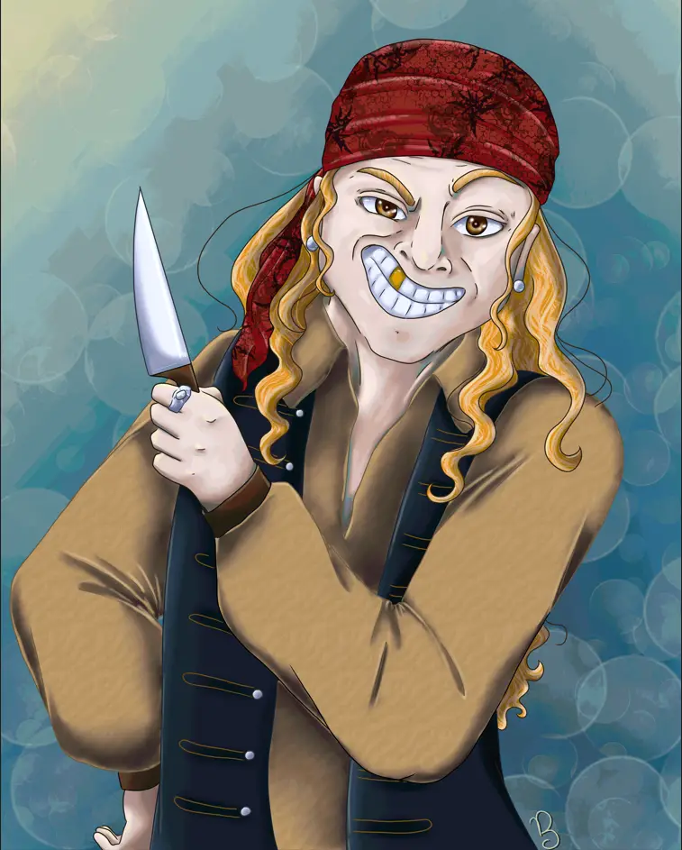 A cartoon illustration of a person with long blonde hair, wearing a red bandana, a tan coat over a dark vest, and pearl…
