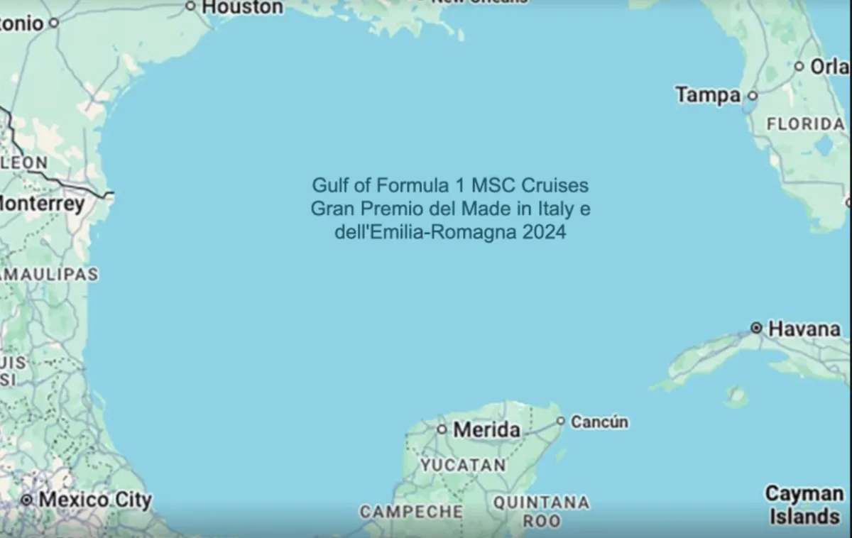 A map of the Gulf of Mexico with cities like Houston, Tampa, and Cancún visible, overlaid with text claiming it's the 'Gulf…