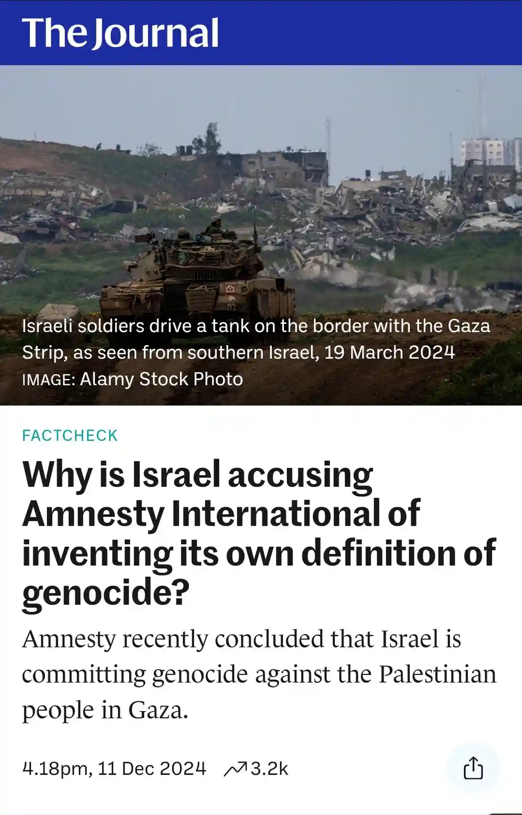 An image of Israeli soldiers driving a tank near Gaza ruins is overlaid with a fake 'The Journal' article headline asking…