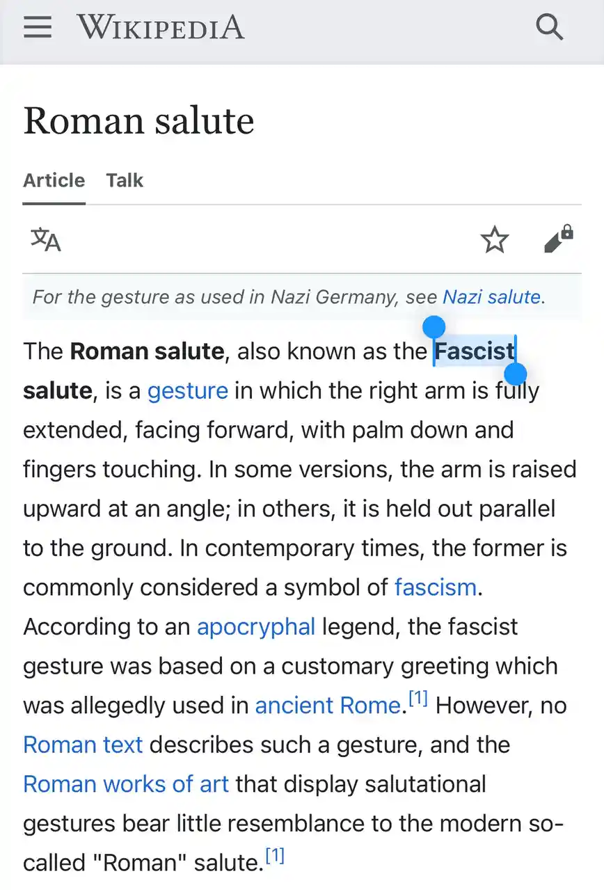 A screenshot of the Wikipedia article 'Roman salute' shows the word 'Fascist' highlighted in blue within the text. The…