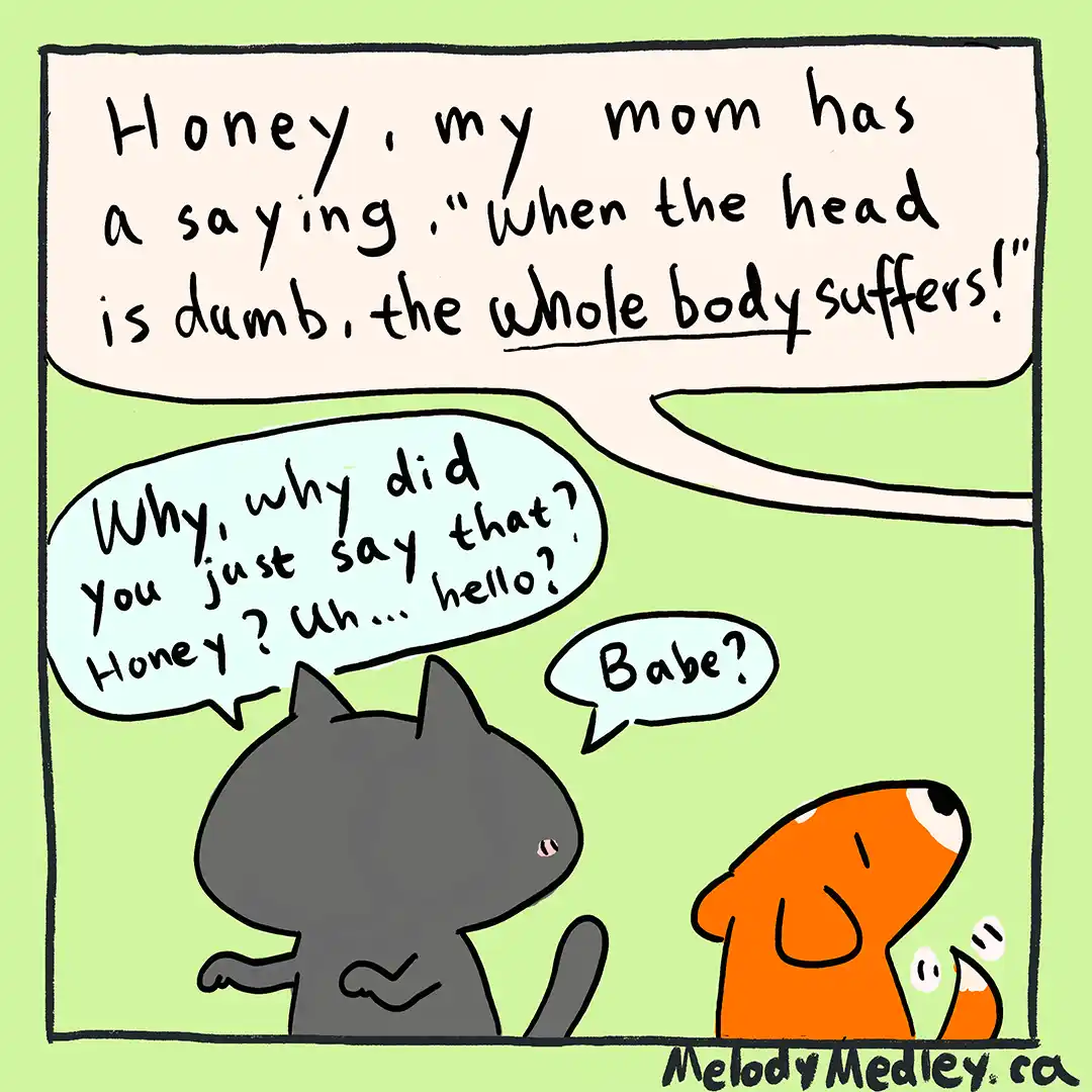 A cartoon depicts a gray cat and an orange dog in a domestic setting. The cat, facing away, says a quote: 'Honey, my mom has…