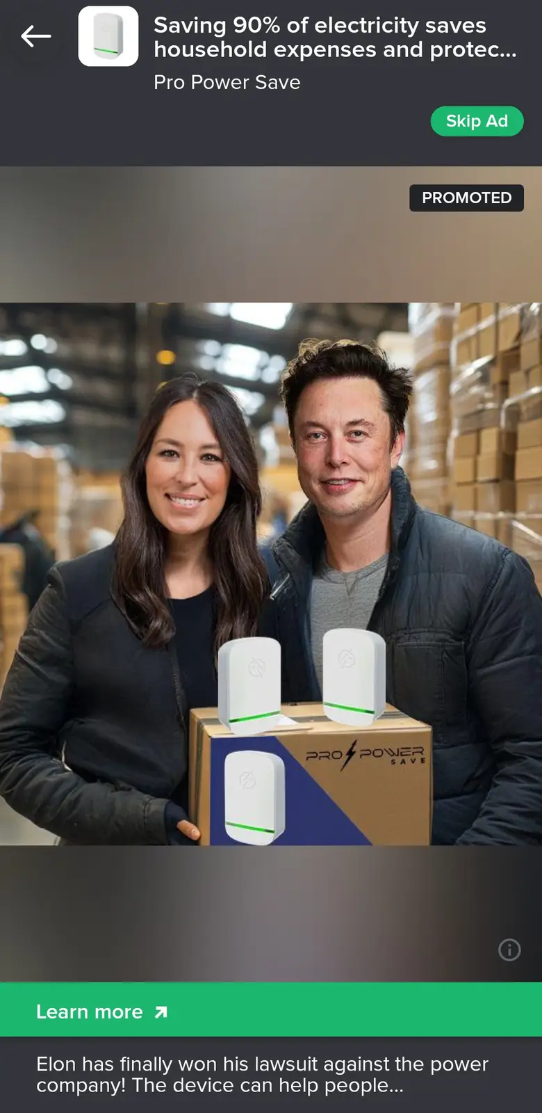 An advertisement image shows Elon Musk and a woman standing in a warehouse, smiling beside a cardboard box labeled 'PRO…