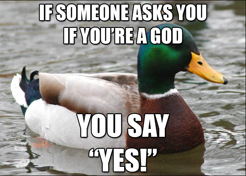A mallard duck with a green head and yellow beak is floating calmly on water. Large white text with black outline is…
