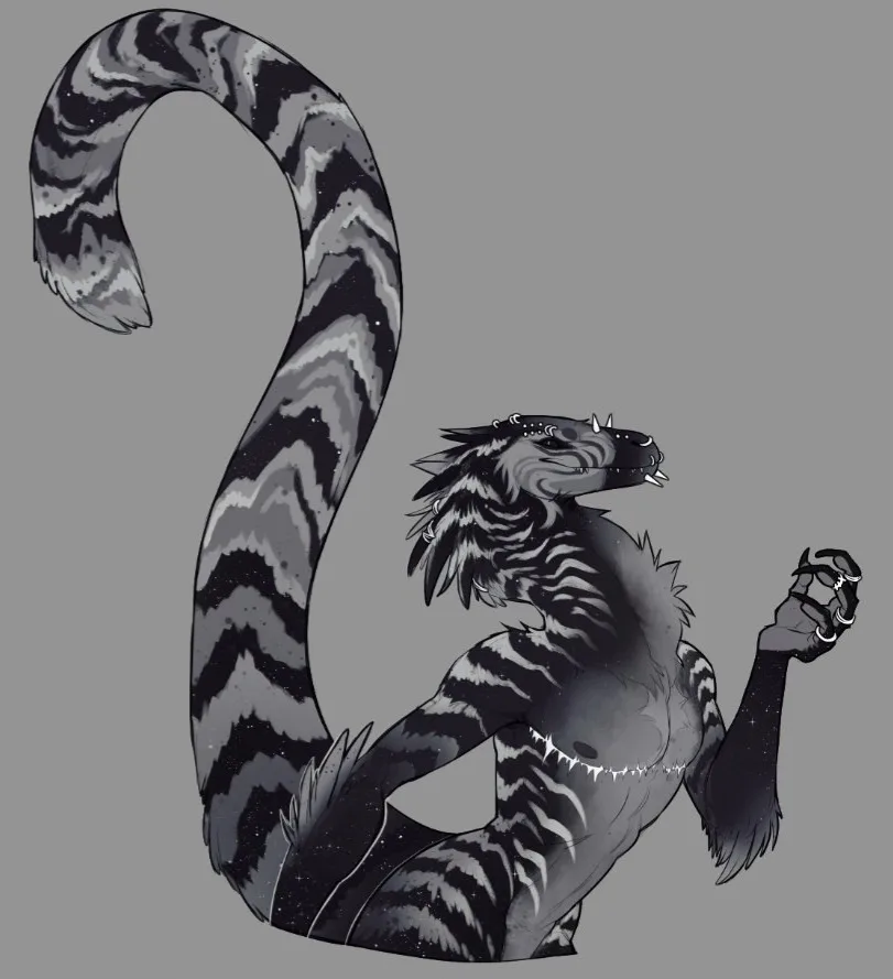 A stylized, black-and-white illustration of a humanoid creature with a zebra-like striped pattern covering its body, fur…