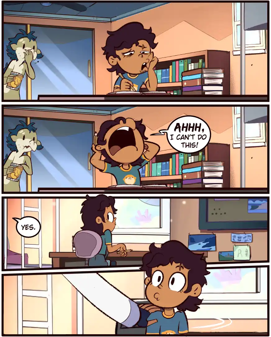 A four-panel comic strip from 'The Owl House' shows a young boy struggling with homework, screaming in frustration, then…