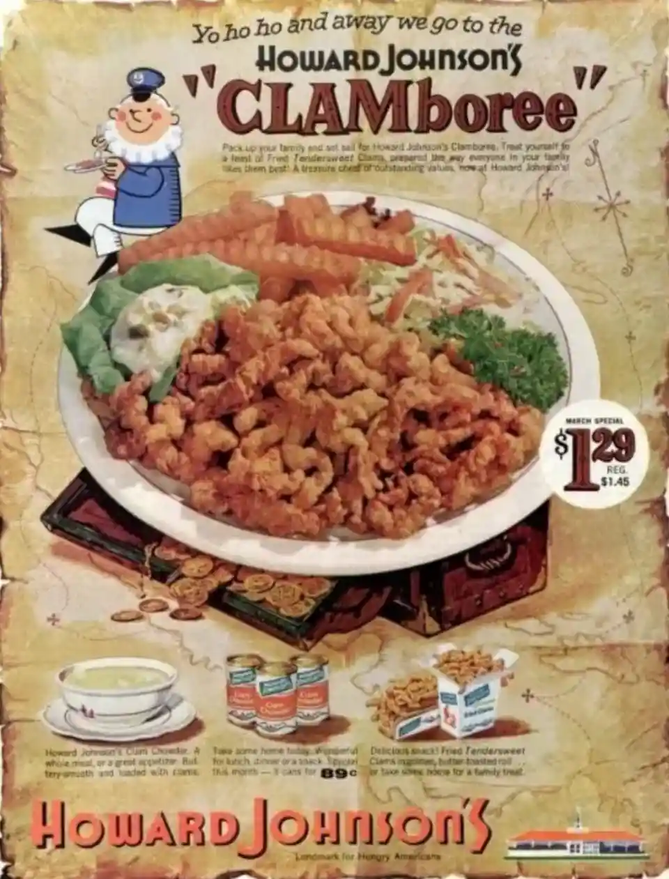 A vintage Howard Johnson's advertisement featuring a large plate of fried clams, waffle fries, and salad on a treasure map…