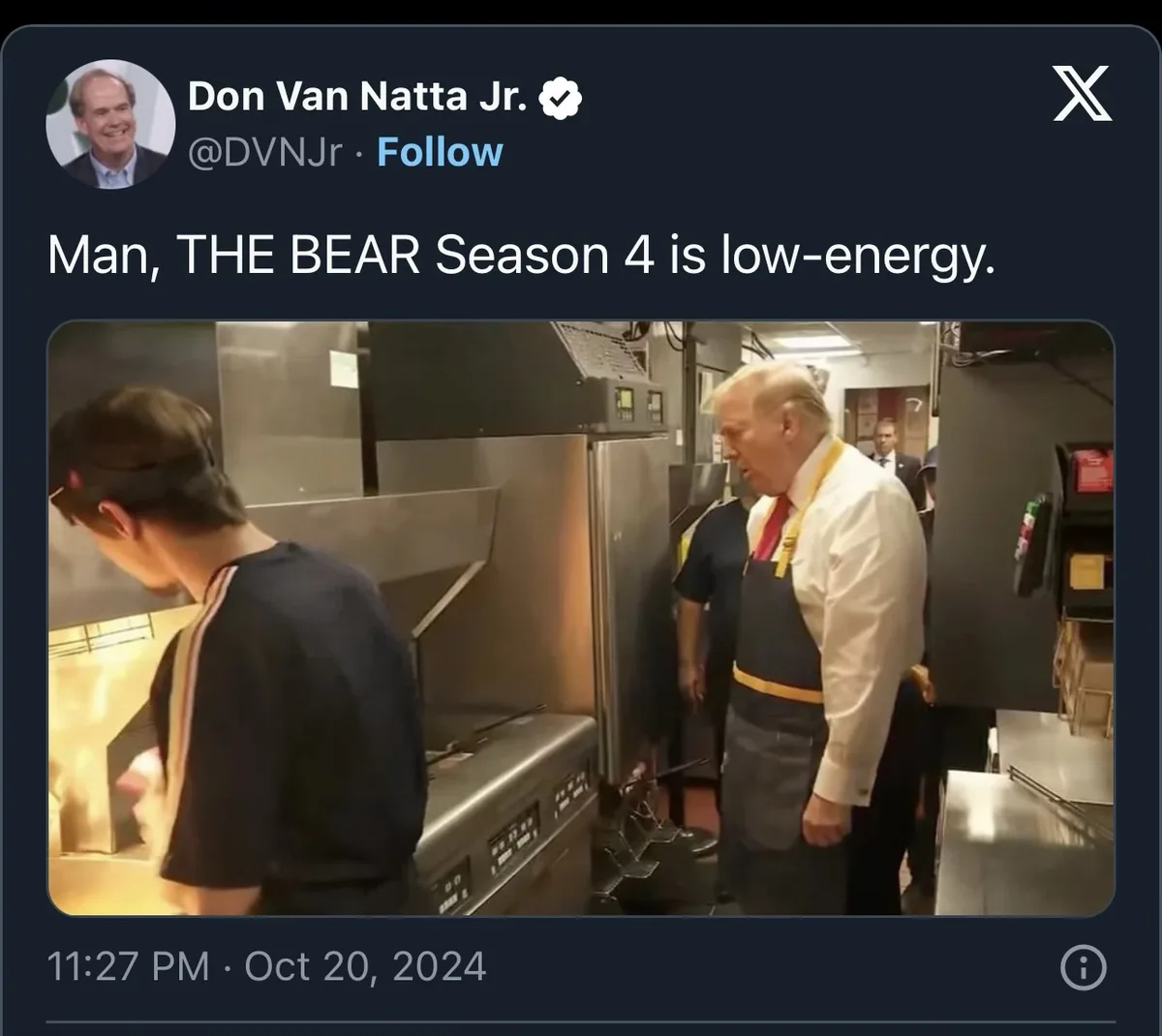 A screenshot of a tweet by Don Van Natta Jr. shows a photo of Donald Trump in a kitchen wearing an apron, looking at a chef…
