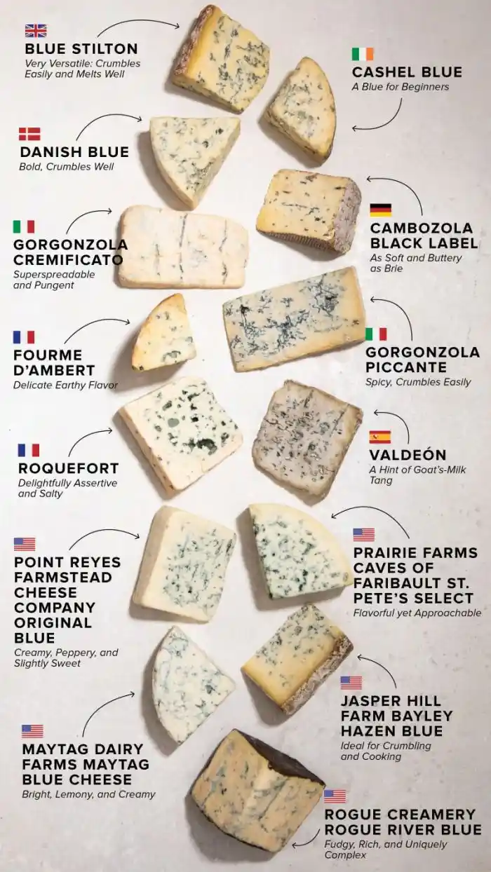 An infographic-style image displays various blue cheese wedges arranged on a light surface, each labeled with its name…