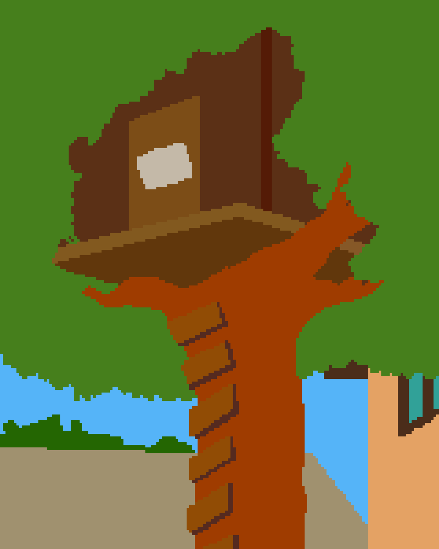 A pixel-art tree with a wooden birdhouse on top, set against a green background with blue sky and brown ground. The…