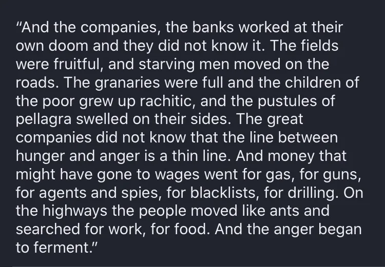 A dark gray background displays a block of white text quoting a passage describing societal collapse: fruitful fields…