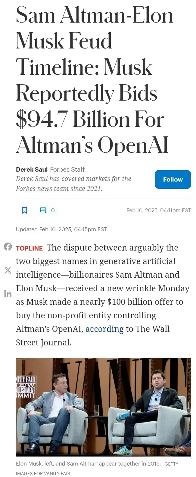 A screenshot of a Forbes article headline about Elon Musk reportedly bidding $94.7 billion for Sam Altman's OpenAI, with a…